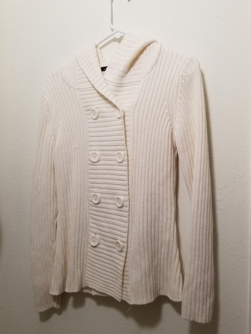 Effeci Women's Small Cream Knit Double-Breasted Ribbed Hooded Cardigan Sweater